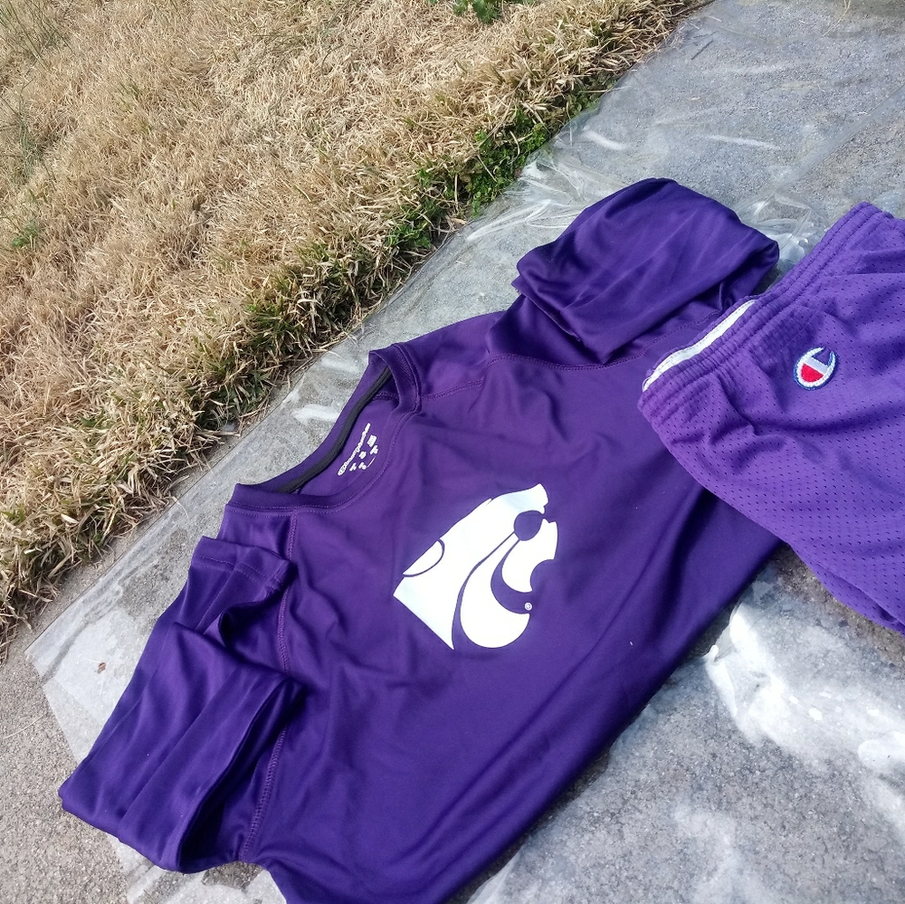 purple champion shirt and basketball shorts